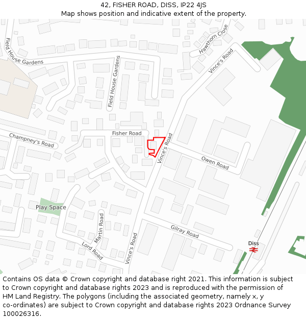42, FISHER ROAD, DISS, IP22 4JS: Location map and indicative extent of plot