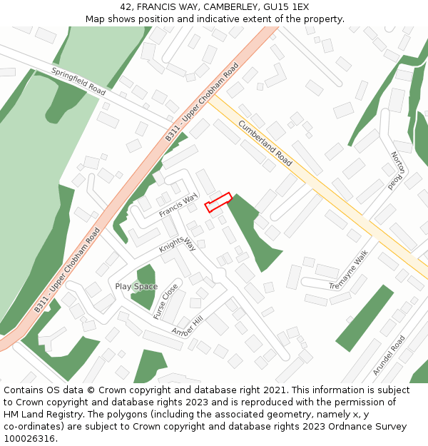 42, FRANCIS WAY, CAMBERLEY, GU15 1EX: Location map and indicative extent of plot