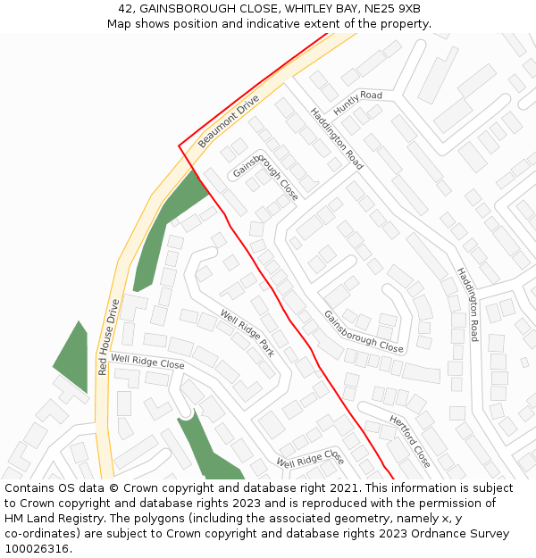 42, GAINSBOROUGH CLOSE, WHITLEY BAY, NE25 9XB: Location map and indicative extent of plot