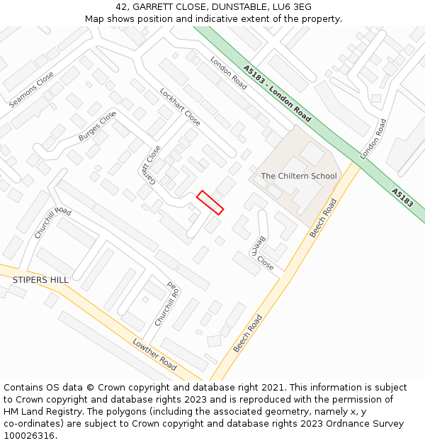 42, GARRETT CLOSE, DUNSTABLE, LU6 3EG: Location map and indicative extent of plot