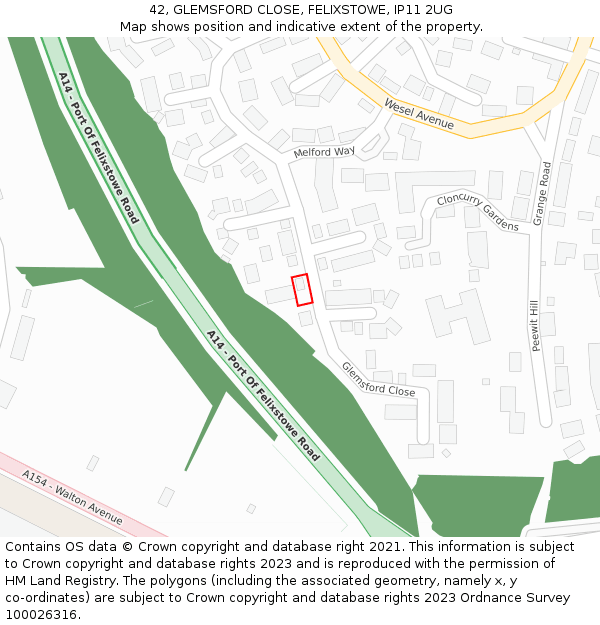 42, GLEMSFORD CLOSE, FELIXSTOWE, IP11 2UG: Location map and indicative extent of plot