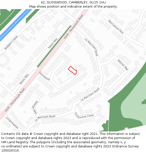 42, GLYNSWOOD, CAMBERLEY, GU15 1HU: Location map and indicative extent of plot