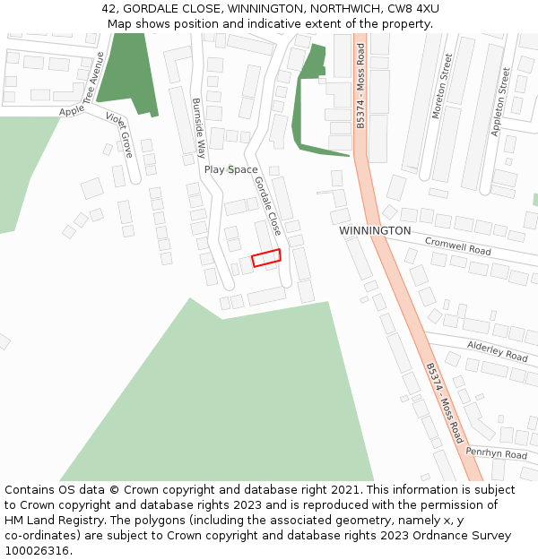 42, GORDALE CLOSE, WINNINGTON, NORTHWICH, CW8 4XU: Location map and indicative extent of plot