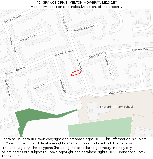 42, GRANGE DRIVE, MELTON MOWBRAY, LE13 1EY: Location map and indicative extent of plot