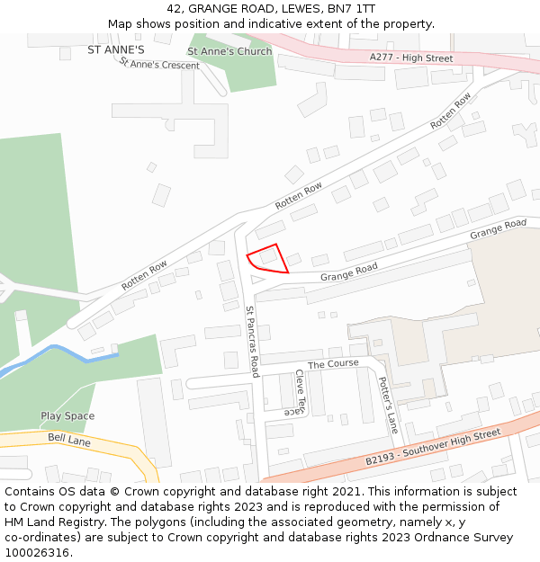 42, GRANGE ROAD, LEWES, BN7 1TT: Location map and indicative extent of plot