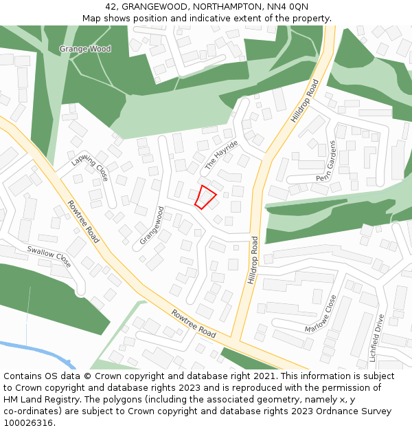 42, GRANGEWOOD, NORTHAMPTON, NN4 0QN: Location map and indicative extent of plot