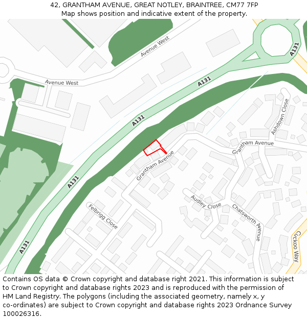 42, GRANTHAM AVENUE, GREAT NOTLEY, BRAINTREE, CM77 7FP: Location map and indicative extent of plot