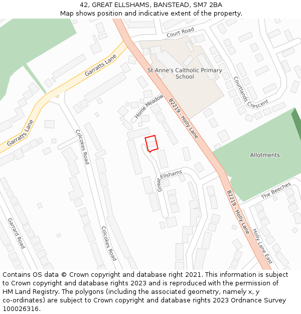 42, GREAT ELLSHAMS, BANSTEAD, SM7 2BA: Location map and indicative extent of plot