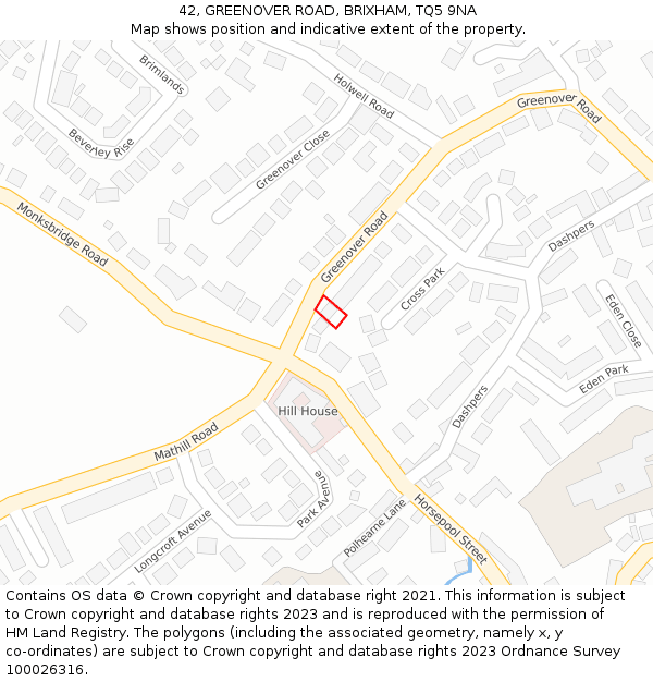 42, GREENOVER ROAD, BRIXHAM, TQ5 9NA: Location map and indicative extent of plot