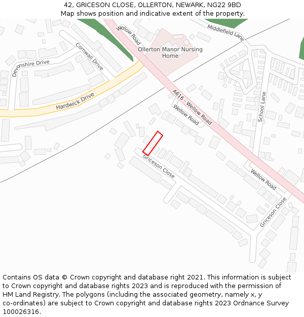 42, GRICESON CLOSE, OLLERTON, NEWARK, NG22 9BD: Location map and indicative extent of plot