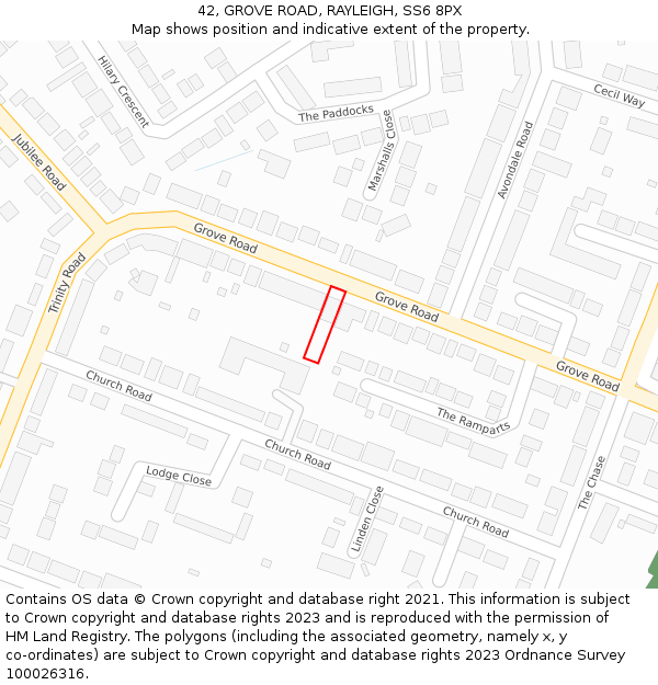 42, GROVE ROAD, RAYLEIGH, SS6 8PX: Location map and indicative extent of plot