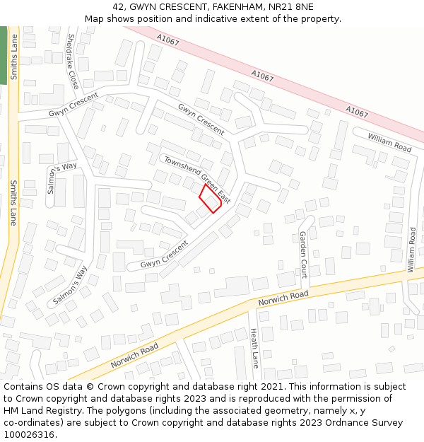 42, GWYN CRESCENT, FAKENHAM, NR21 8NE: Location map and indicative extent of plot