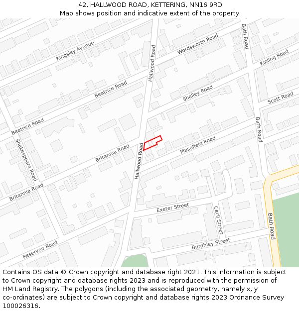 42, HALLWOOD ROAD, KETTERING, NN16 9RD: Location map and indicative extent of plot