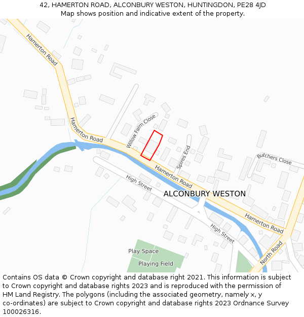 42, HAMERTON ROAD, ALCONBURY WESTON, HUNTINGDON, PE28 4JD: Location map and indicative extent of plot