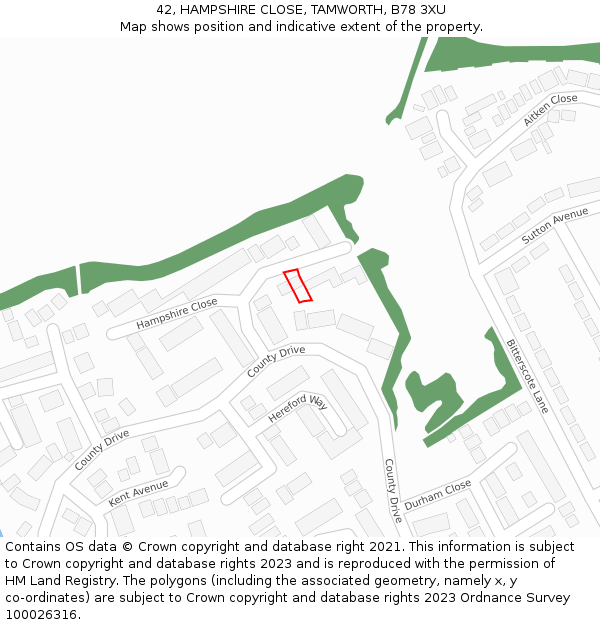 42, HAMPSHIRE CLOSE, TAMWORTH, B78 3XU: Location map and indicative extent of plot