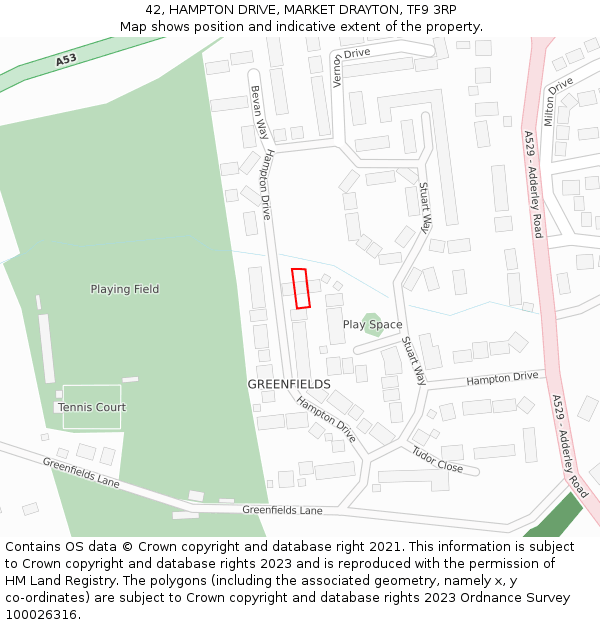 42, HAMPTON DRIVE, MARKET DRAYTON, TF9 3RP: Location map and indicative extent of plot