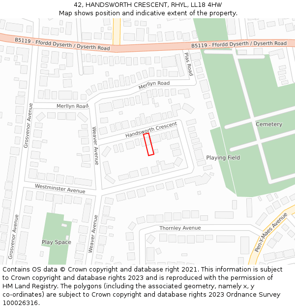 42, HANDSWORTH CRESCENT, RHYL, LL18 4HW: Location map and indicative extent of plot