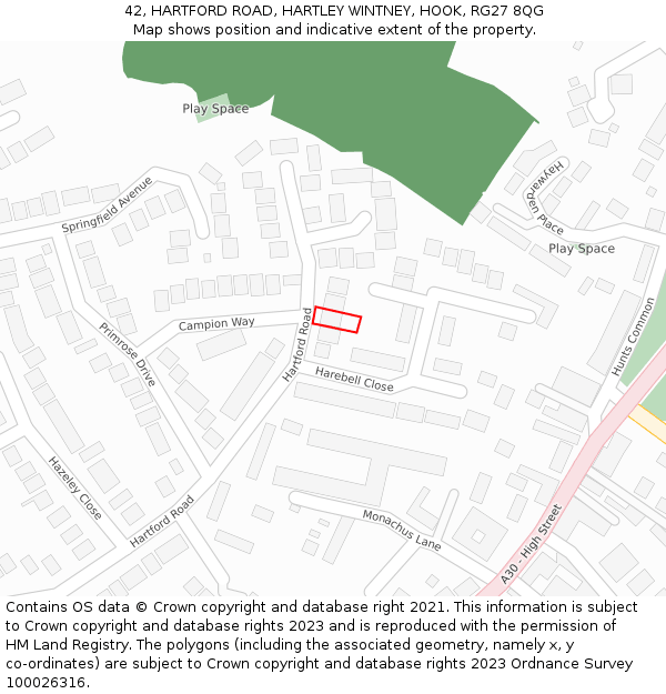 42, HARTFORD ROAD, HARTLEY WINTNEY, HOOK, RG27 8QG: Location map and indicative extent of plot