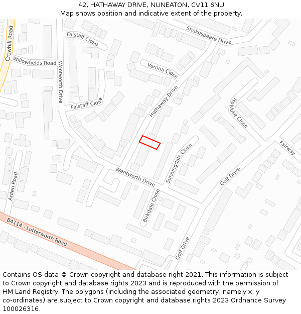 42, HATHAWAY DRIVE, NUNEATON, CV11 6NU: Location map and indicative extent of plot