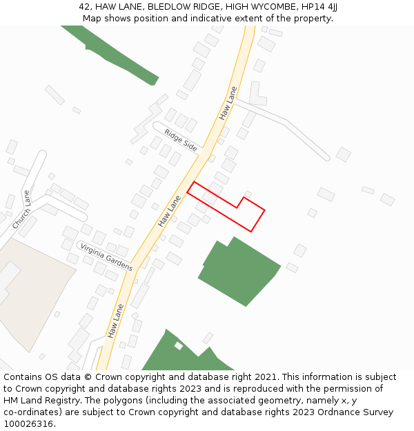 42, HAW LANE, BLEDLOW RIDGE, HIGH WYCOMBE, HP14 4JJ: Location map and indicative extent of plot