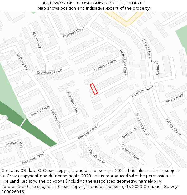 42, HAWKSTONE CLOSE, GUISBOROUGH, TS14 7PE: Location map and indicative extent of plot