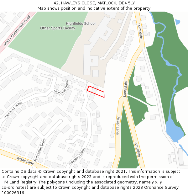 42, HAWLEYS CLOSE, MATLOCK, DE4 5LY: Location map and indicative extent of plot