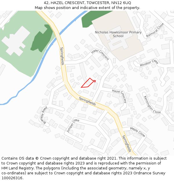42, HAZEL CRESCENT, TOWCESTER, NN12 6UQ: Location map and indicative extent of plot