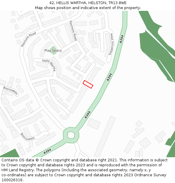 42, HELLIS WARTHA, HELSTON, TR13 8WE: Location map and indicative extent of plot