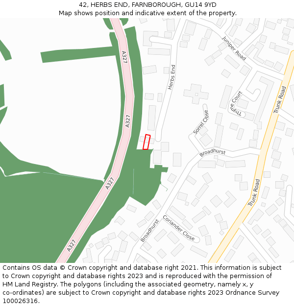 42, HERBS END, FARNBOROUGH, GU14 9YD: Location map and indicative extent of plot