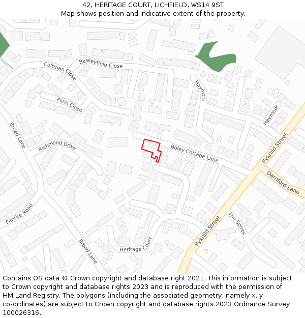 42, HERITAGE COURT, LICHFIELD, WS14 9ST: Location map and indicative extent of plot