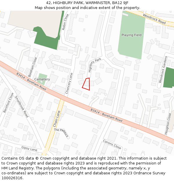 42, HIGHBURY PARK, WARMINSTER, BA12 9JF: Location map and indicative extent of plot