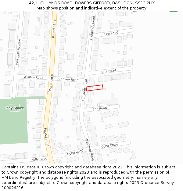 42, HIGHLANDS ROAD, BOWERS GIFFORD, BASILDON, SS13 2HX: Location map and indicative extent of plot
