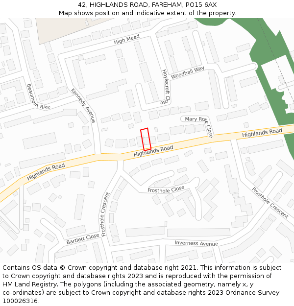 42, HIGHLANDS ROAD, FAREHAM, PO15 6AX: Location map and indicative extent of plot