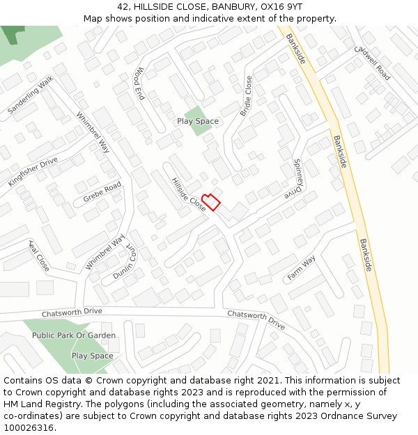 42, HILLSIDE CLOSE, BANBURY, OX16 9YT: Location map and indicative extent of plot