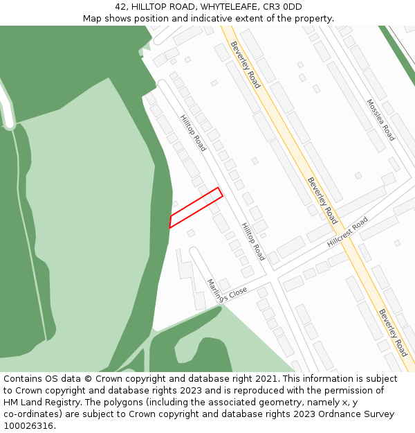 42, HILLTOP ROAD, WHYTELEAFE, CR3 0DD: Location map and indicative extent of plot