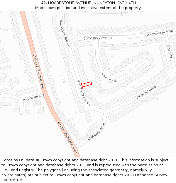 42, HOARESTONE AVENUE, NUNEATON, CV11 4TH: Location map and indicative extent of plot