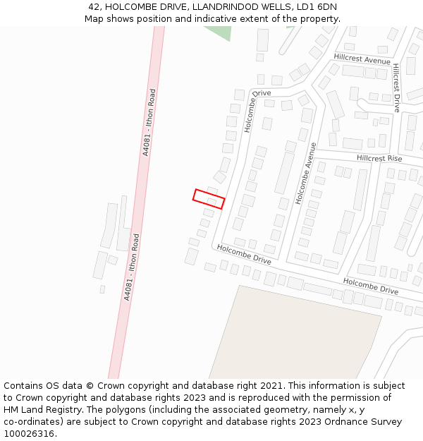 42, HOLCOMBE DRIVE, LLANDRINDOD WELLS, LD1 6DN: Location map and indicative extent of plot