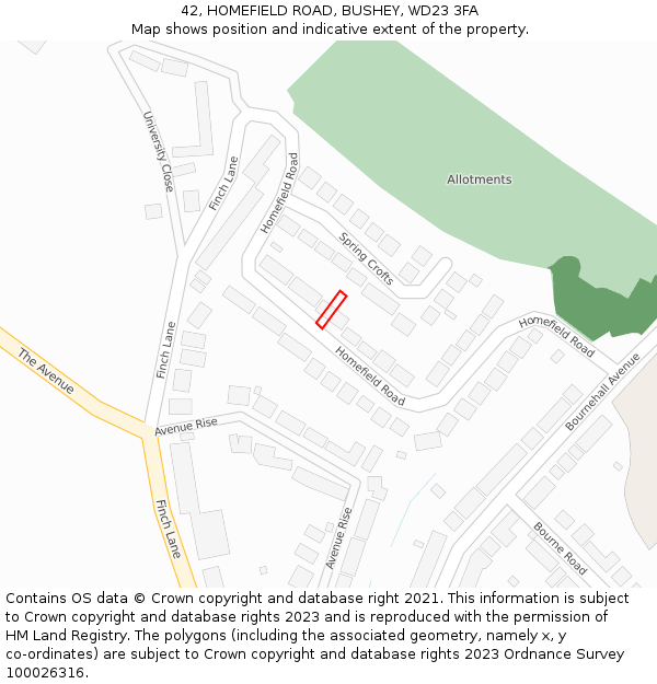 42, HOMEFIELD ROAD, BUSHEY, WD23 3FA: Location map and indicative extent of plot