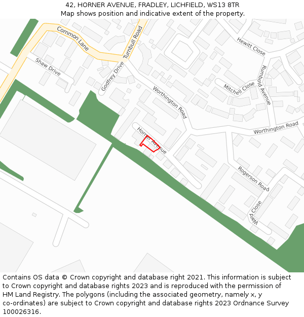 42, HORNER AVENUE, FRADLEY, LICHFIELD, WS13 8TR: Location map and indicative extent of plot