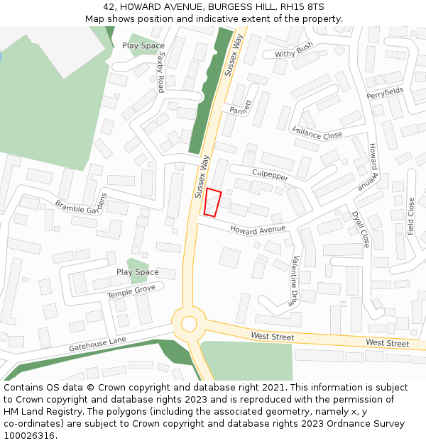 42, HOWARD AVENUE, BURGESS HILL, RH15 8TS: Location map and indicative extent of plot