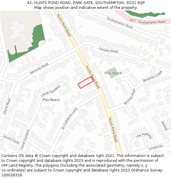 42, HUNTS POND ROAD, PARK GATE, SOUTHAMPTON, SO31 6QP: Location map and indicative extent of plot