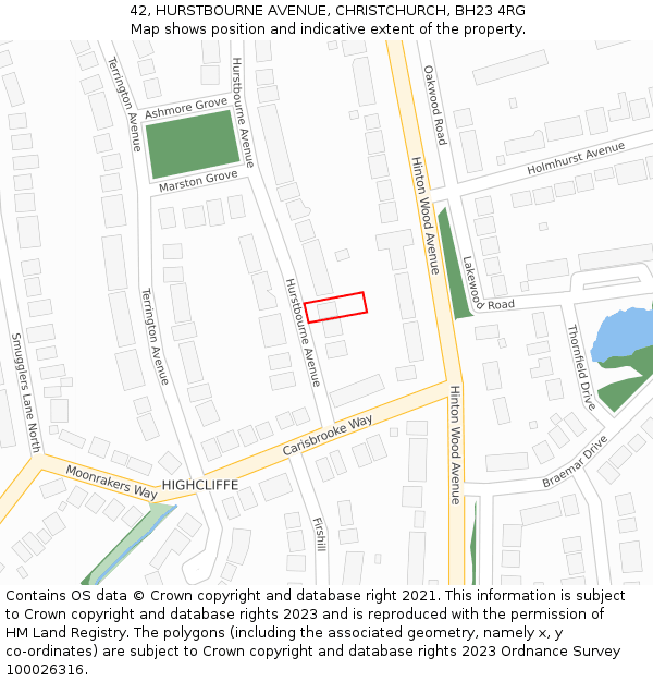 42, HURSTBOURNE AVENUE, CHRISTCHURCH, BH23 4RG: Location map and indicative extent of plot