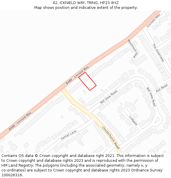 42, ICKNIELD WAY, TRING, HP23 4HZ: Location map and indicative extent of plot