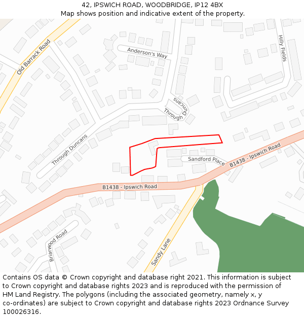 42, IPSWICH ROAD, WOODBRIDGE, IP12 4BX: Location map and indicative extent of plot