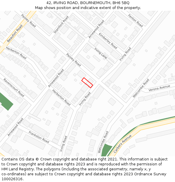 42, IRVING ROAD, BOURNEMOUTH, BH6 5BQ: Location map and indicative extent of plot