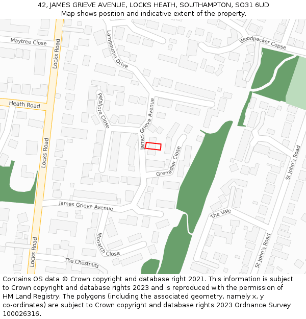 42, JAMES GRIEVE AVENUE, LOCKS HEATH, SOUTHAMPTON, SO31 6UD: Location map and indicative extent of plot