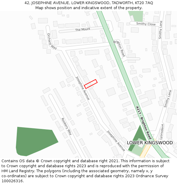 42, JOSEPHINE AVENUE, LOWER KINGSWOOD, TADWORTH, KT20 7AQ: Location map and indicative extent of plot