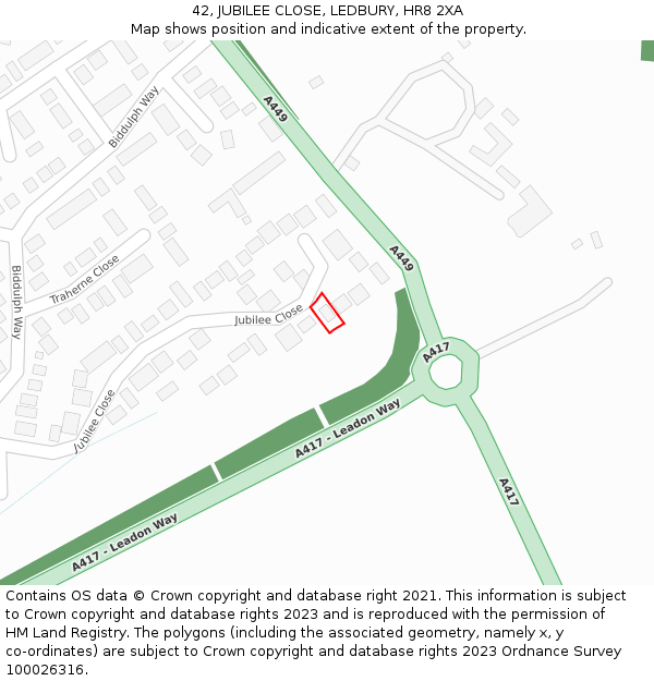 42, JUBILEE CLOSE, LEDBURY, HR8 2XA: Location map and indicative extent of plot