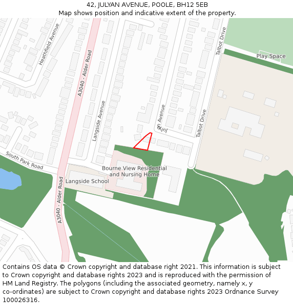 42, JULYAN AVENUE, POOLE, BH12 5EB: Location map and indicative extent of plot