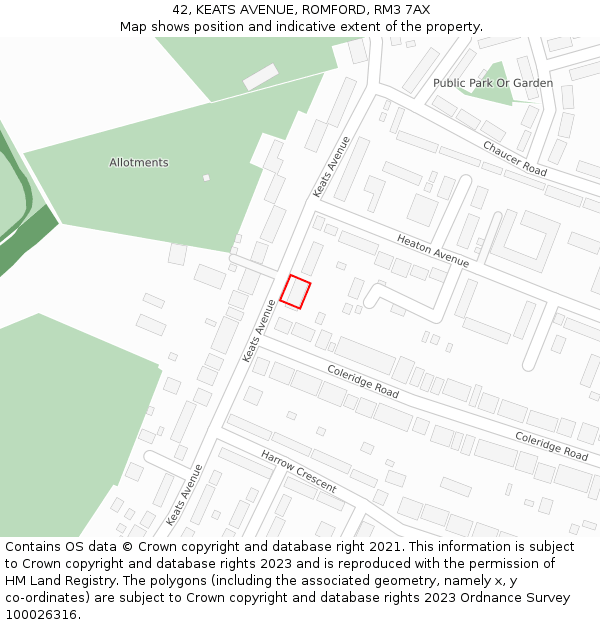 42, KEATS AVENUE, ROMFORD, RM3 7AX: Location map and indicative extent of plot